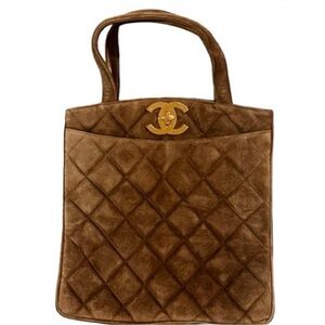 Vintage Chanel Quilted brown suede Tote Bag big CC logo goldplated hardware